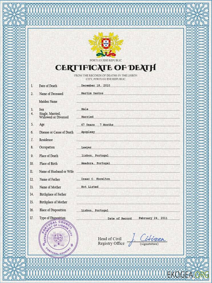 Modèle PSD de certificat de décès du Portugal